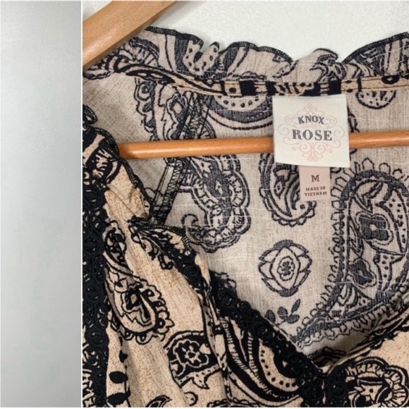 Knox Rose Paisley Boho Peasant Blouse Women’s M Tan Black Balloon Sleeve - Picture 8 of 12